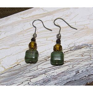 Artisan Handmade Czech Glass Earrings – Moss Green Marble & Amber Tones